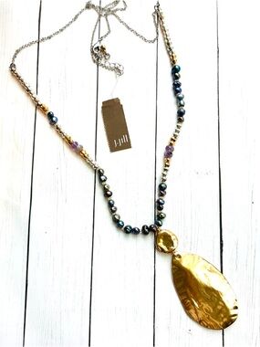 NEW NWT J. Jill Gold Hammered Pendant Necklace Iridescent Purple Beads $49 Tag